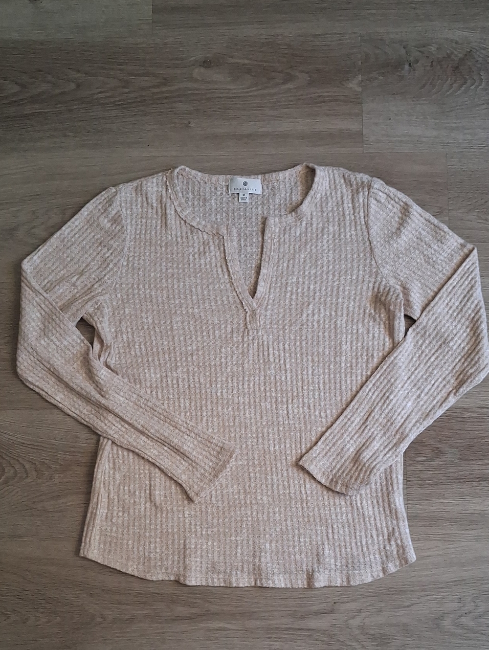 Socialite Neutral Beige Ribbed Split-Neck Long Sleeve Top